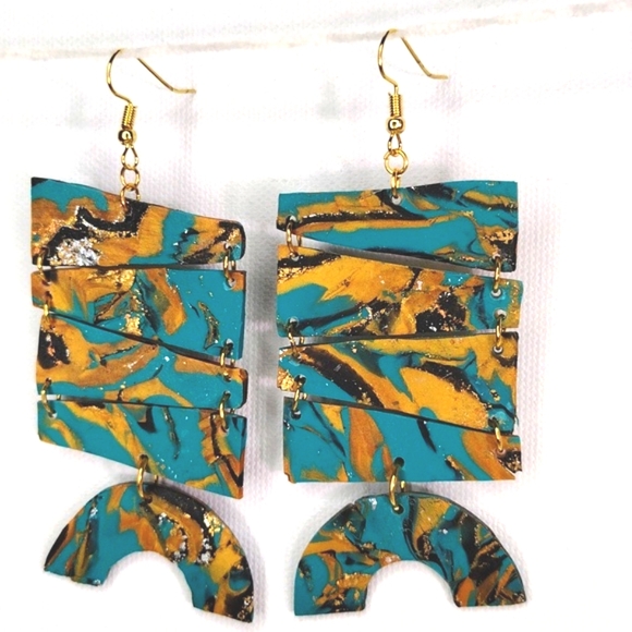Bohemian dangle women's earrings, teal, black, gold, handmade, hypoallergenic - Picture 2 of 3